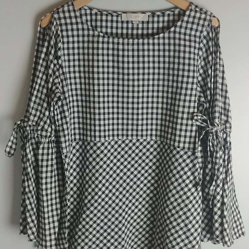 LOFT Gingham Black and White Tied Open Split Bell Sleeve Top